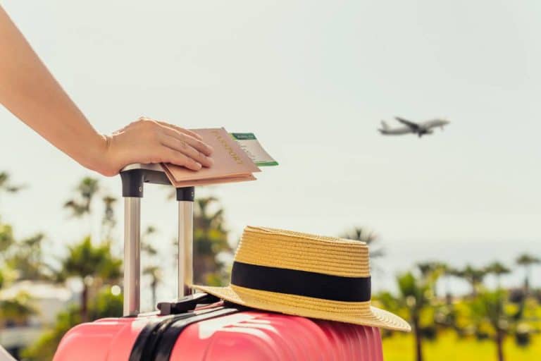 main tenant un passeport sur une valise rose avec un chapeau de paille et un avion en arrière-plan