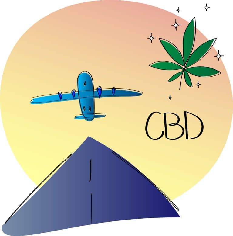 illustration colorée avec avion, feuille de cannabis et inscription CBD.