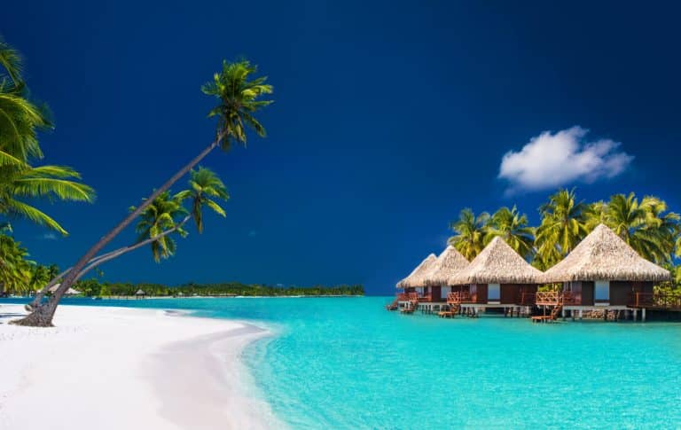 plage tropicale avec sable blanc, palmiers penchés, bungalows sur pilotis et eau bleu turquoise