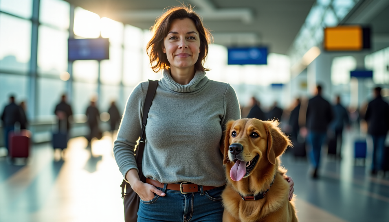 femme et son chien golden retriever à l'aéroport, voyage en famille
