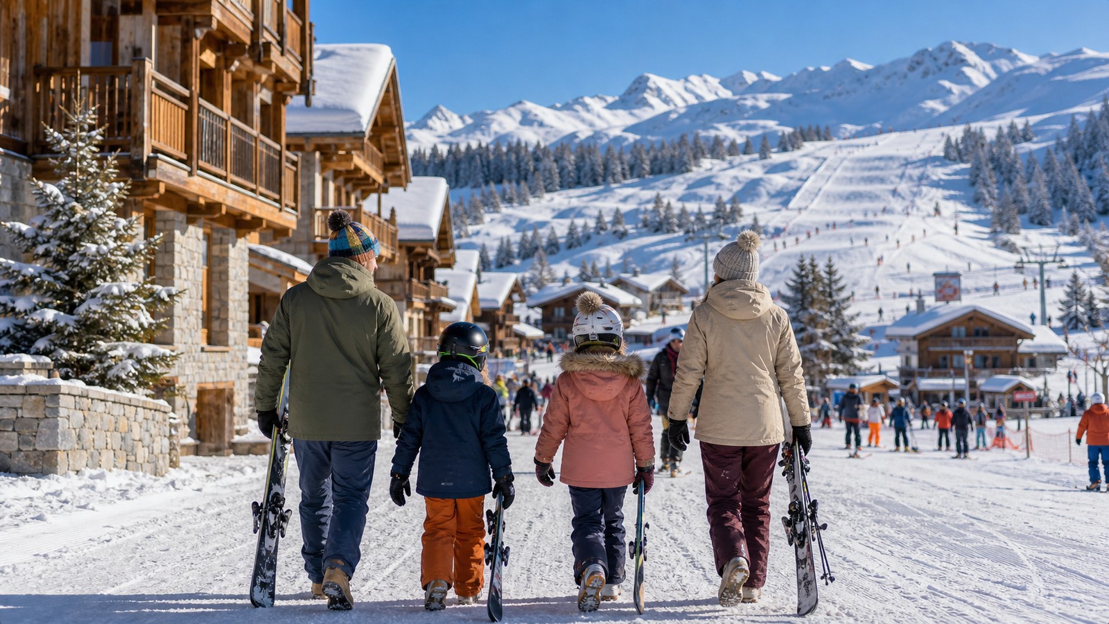 Famille dans une station de ski en hiver, image de couverture pour un article Club Med ski en vacances scolaires ou hors saison