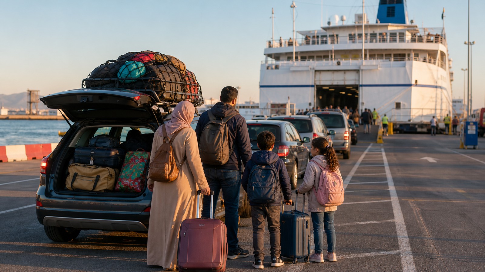 Famille en voiture prête à embarquer sur un ferry vers le Maroc, image de couverture pour un article ferry Maroc avec enfants